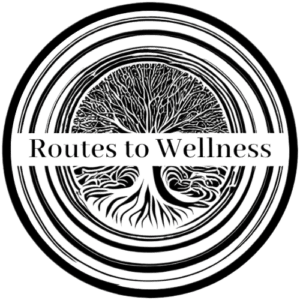 A tree with the words routes to wellness in front of it.