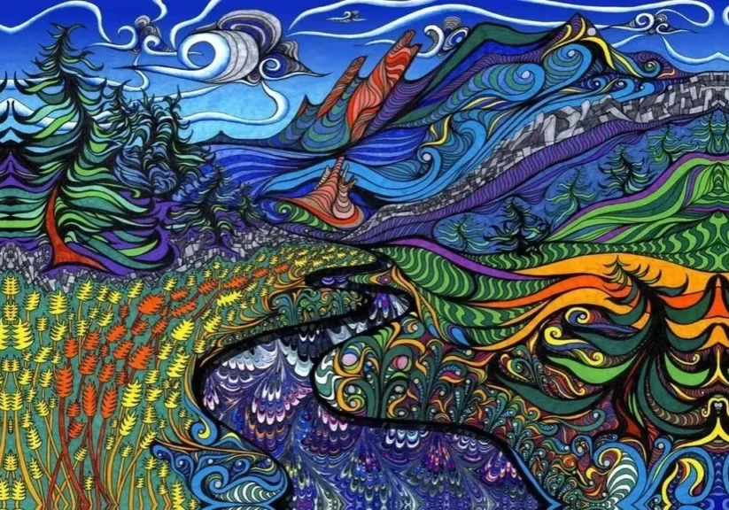 A painting of trees and mountains with colorful swirls.