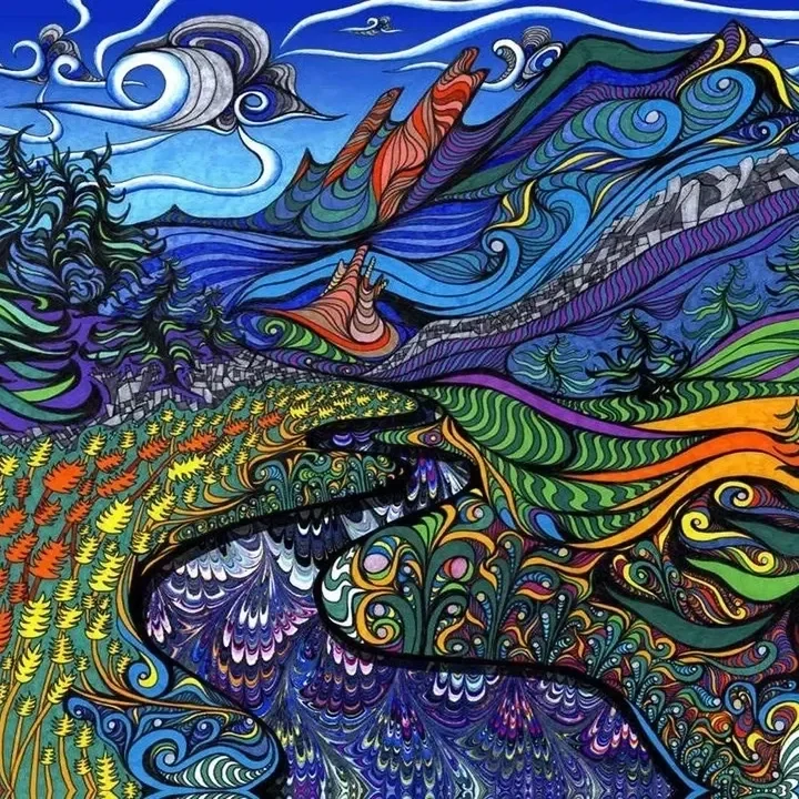 A painting of trees and mountains with colorful swirls.